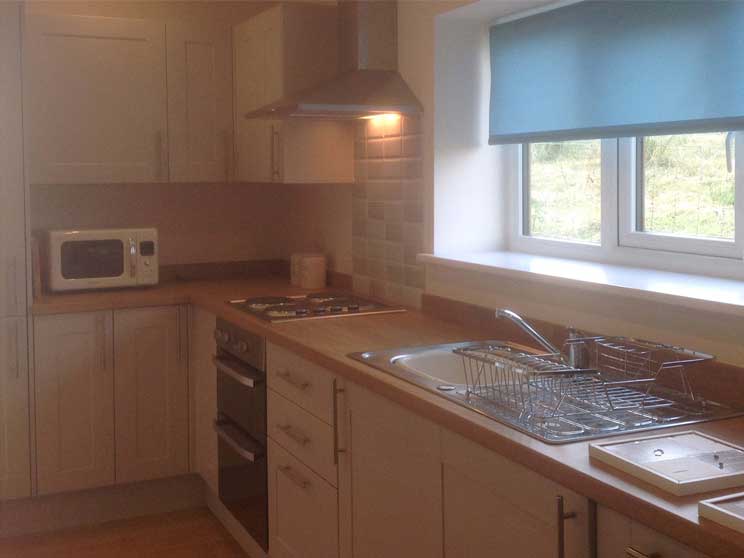 Kitchen showing microwave, cooker and sink